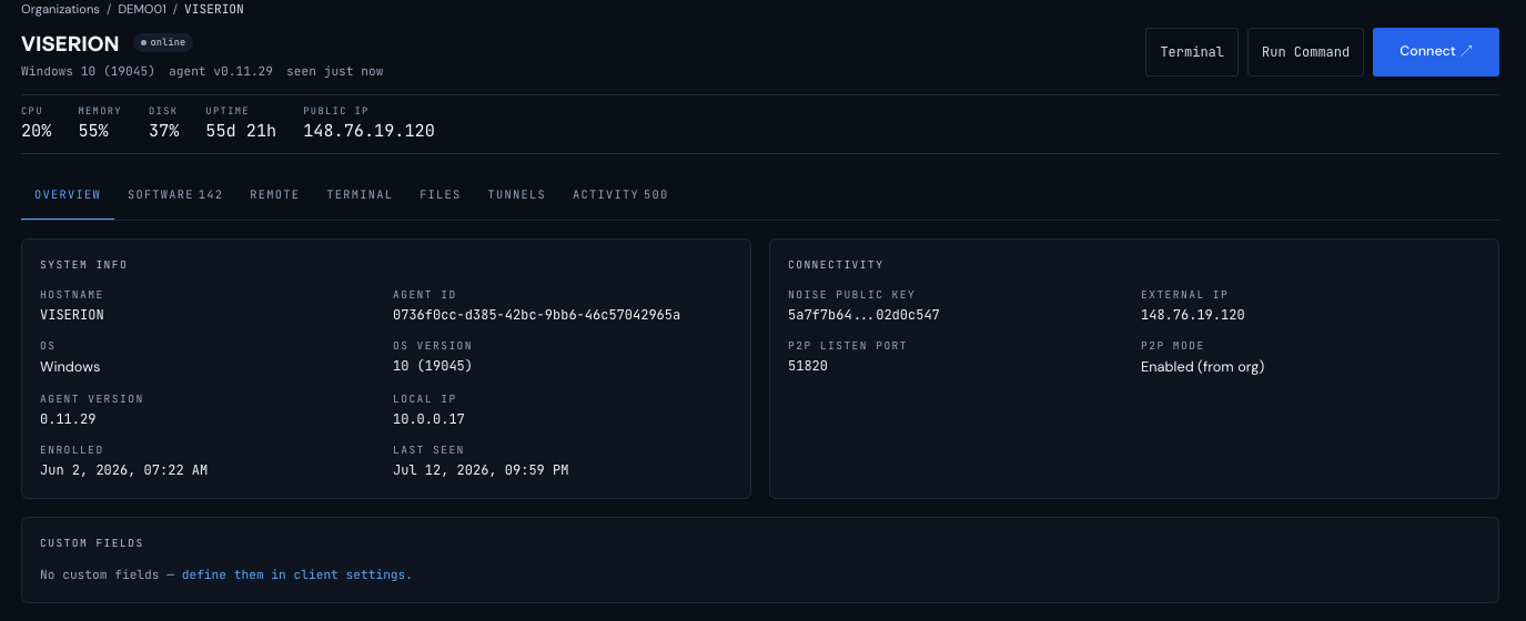 Conduit device detail page showing the command header with hostname, online status, and Terminal / Run Command / Connect actions; inline CPU, memory, disk, uptime, and public IP metrics; the Overview, Software, Remote, Terminal, Files, Tunnels, and Activity tabs; and System Info and Connectivity panels